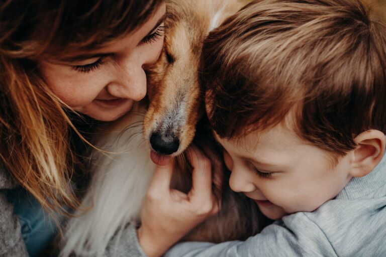 dog socialising with woman and child